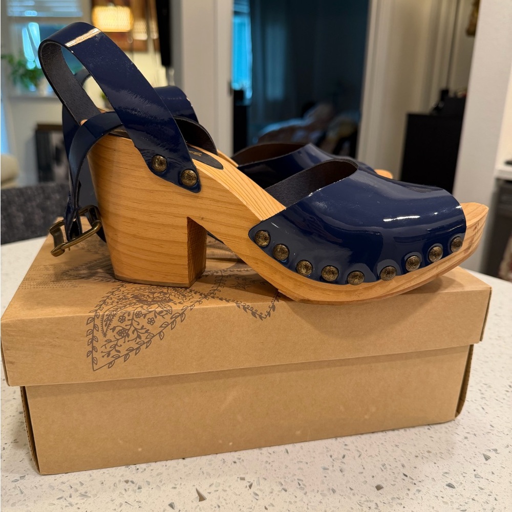 Free People Navy Blue Wooden Heel Mules